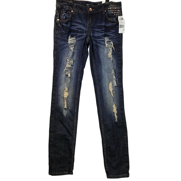 Kensie Skinny Leg Distressed Stretch Jeans 28 Dark Blue Rhinestone Casual - Picture 1 of 10